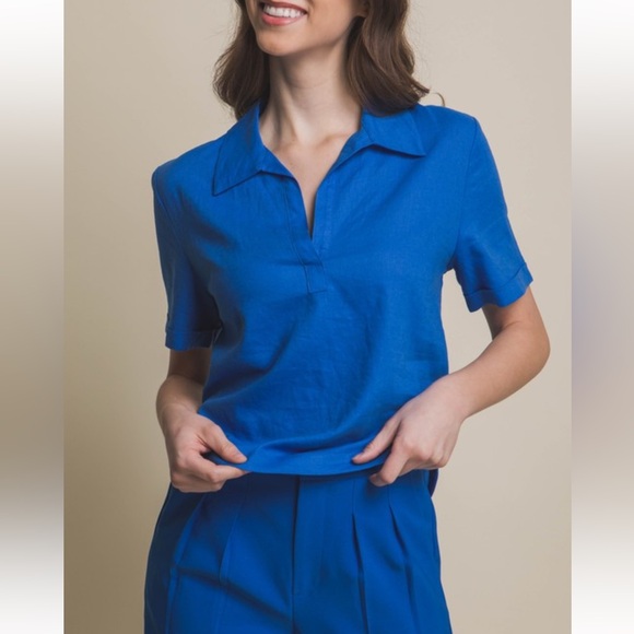 14 Linen Blend Mid-Sleeve Linen Flowy Top - Picture 2 of 5